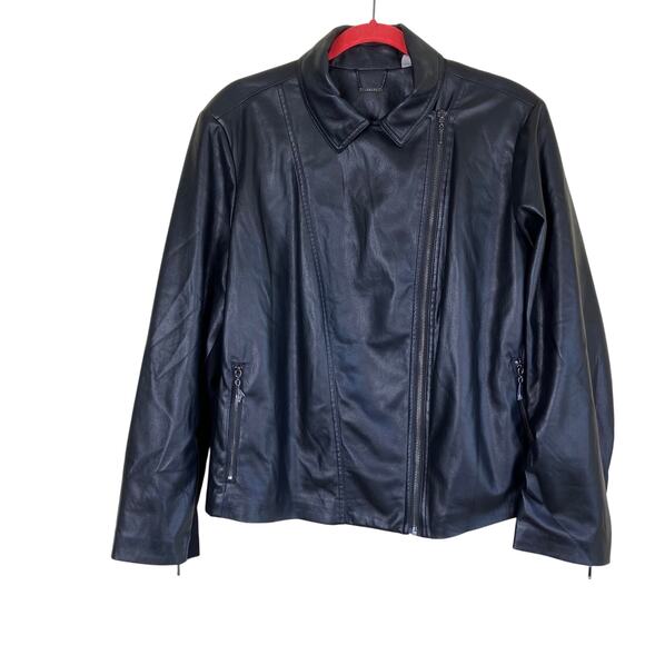 Chico’s Sz 3/US 16-18 Knit Pieced Faux-Leather Moto Jacket Black Zip-up Soft - Picture 1 of 16